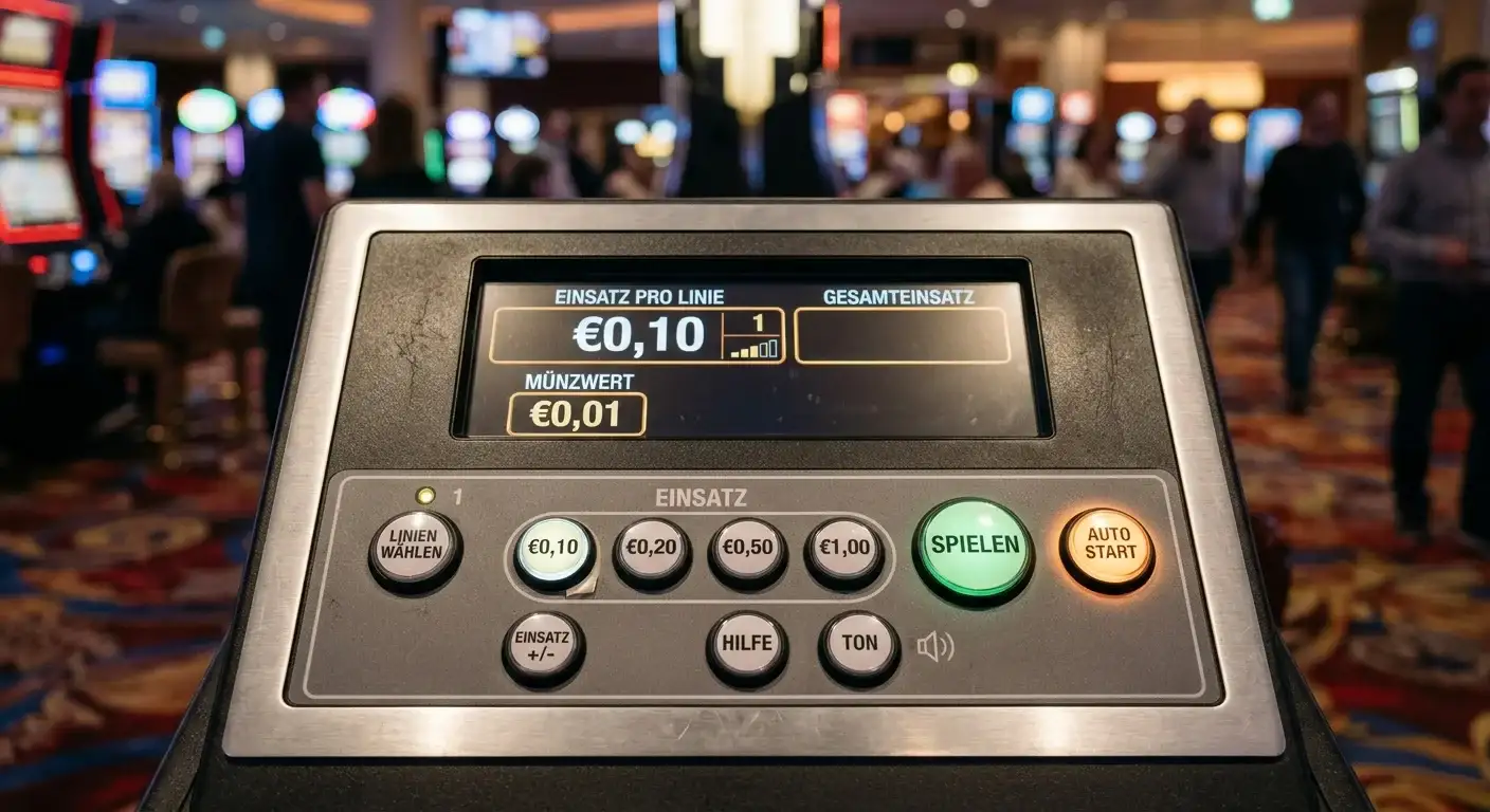Nahaufnahme eines Spielautomaten-Bildschirms mit niedrigen Linieneinsatz-Einstellungen