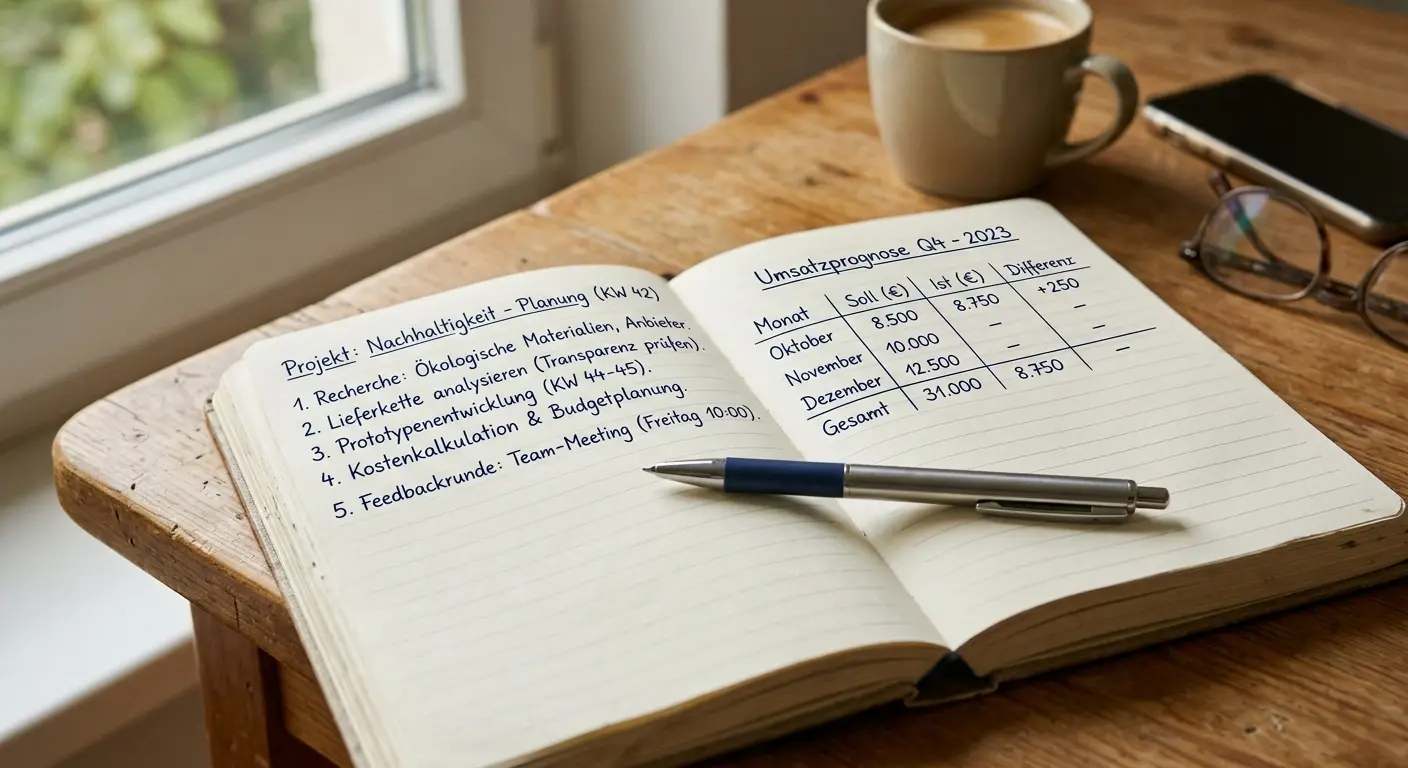 Notizbuch mit Stift und Bonusbedingungen-Tabelle
