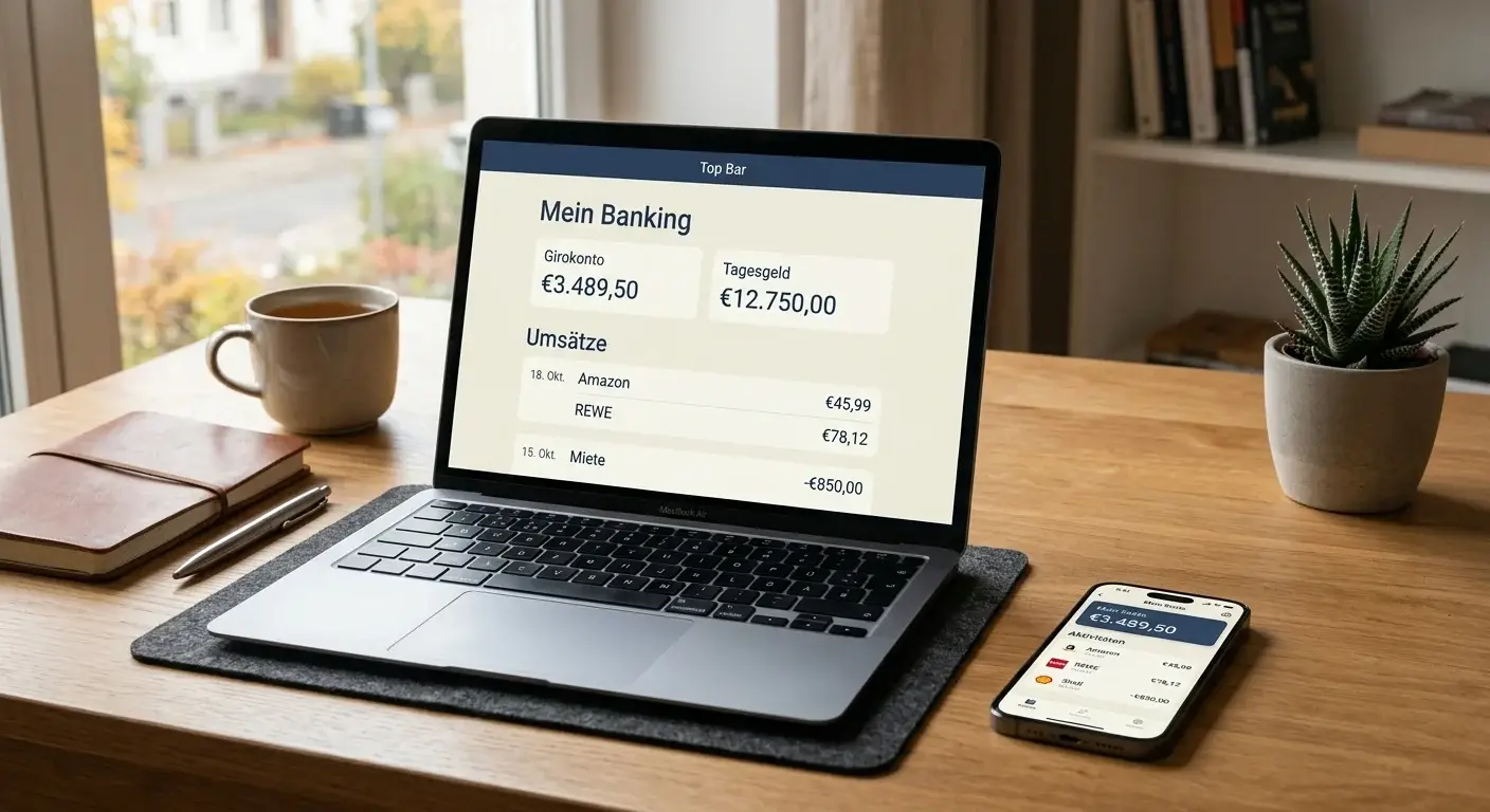 Münzen und Geldscheine neben einem Laptop mit Online-Banking