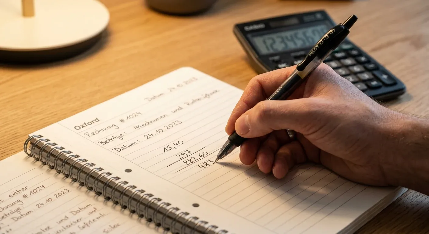 Taschenrechner neben einem Notizbuch mit handgeschriebenen Zahlen, kein Bildschirm, kein digitaler Anblick