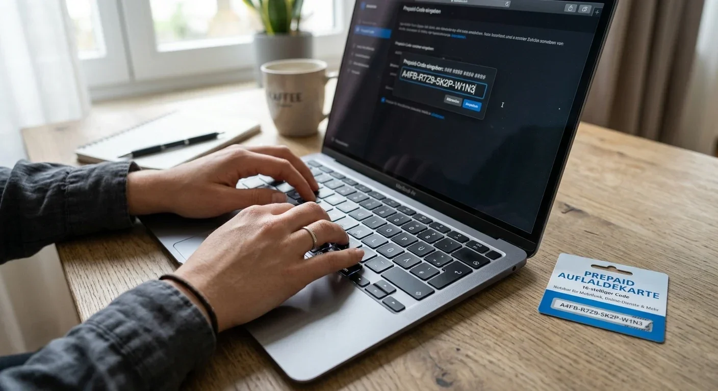 Nahaufnahme einer Hand, die ein Prepaid-Guthaben auf eine Online-Maske tippt