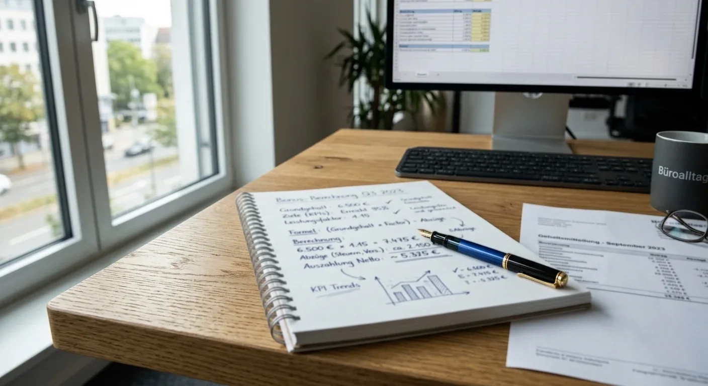 Notizblock mit Bonusberechnung, Taschenrechner und Stift auf Schreibtisch