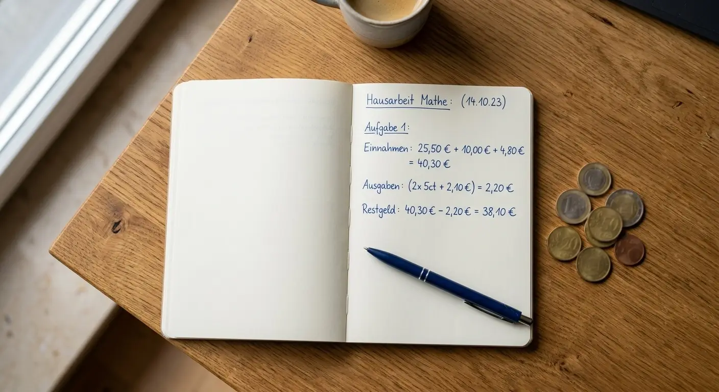 Schreibtisch mit Notizbuch, Stift und einfacher Einsatzberechnung