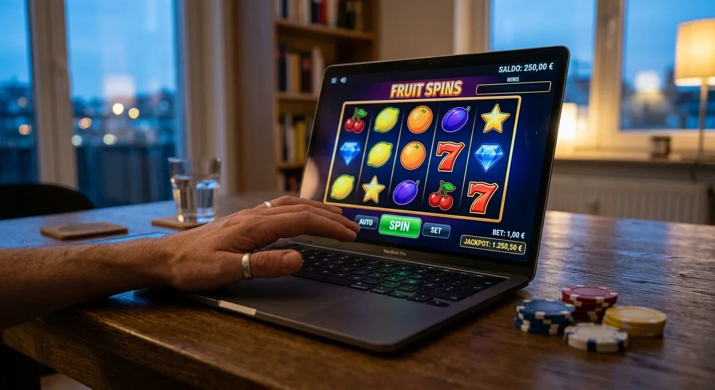Slot-Budget-Szene: Hand vor einem Bildschirm mit Walzen, wenige Münzen daneben, kühles Abendlicht, keine Logos