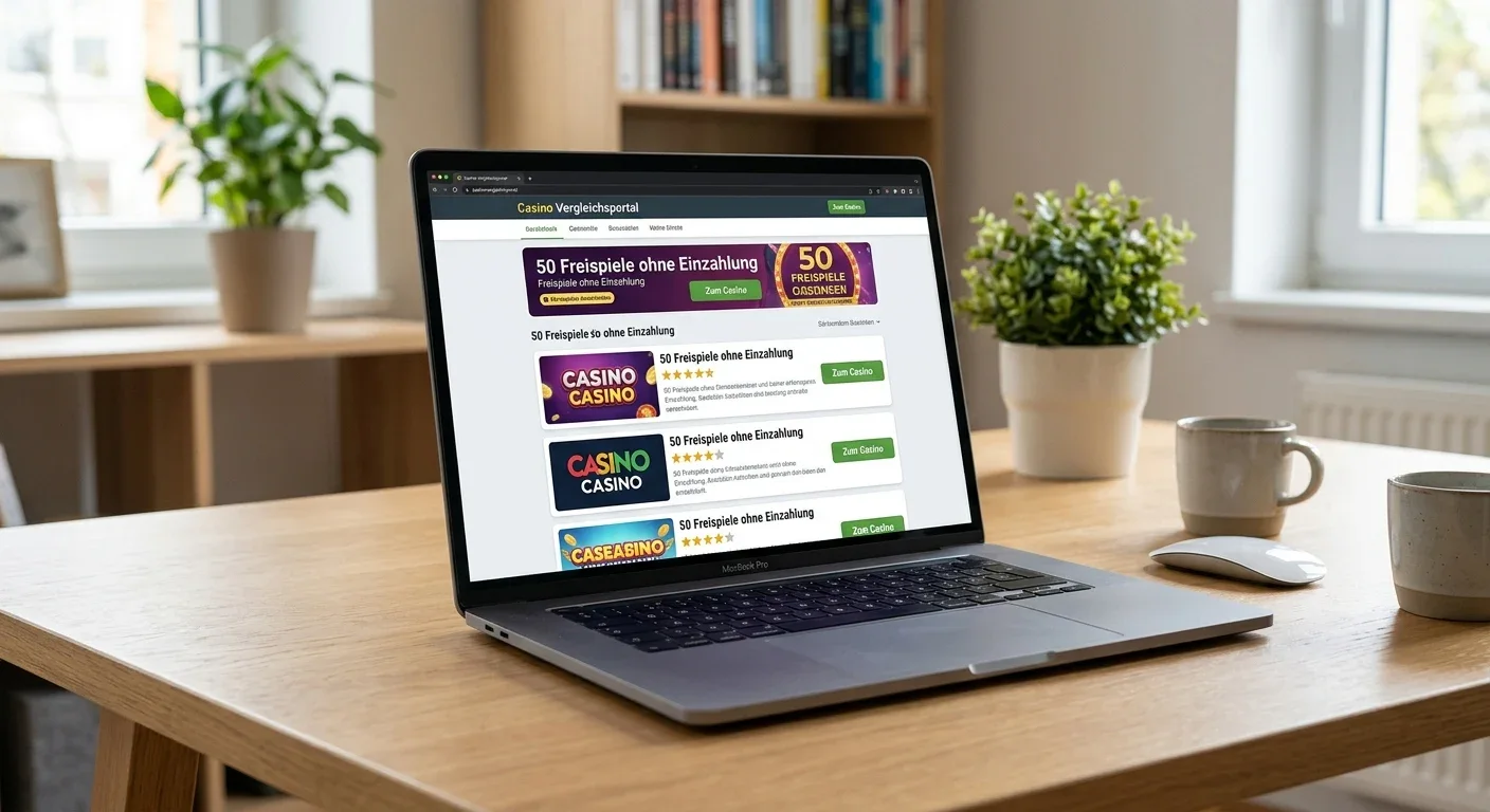 Laptop mit Casino-Vergleichsseite und 50-Freispiele-Angeboten auf dem Bildschirm