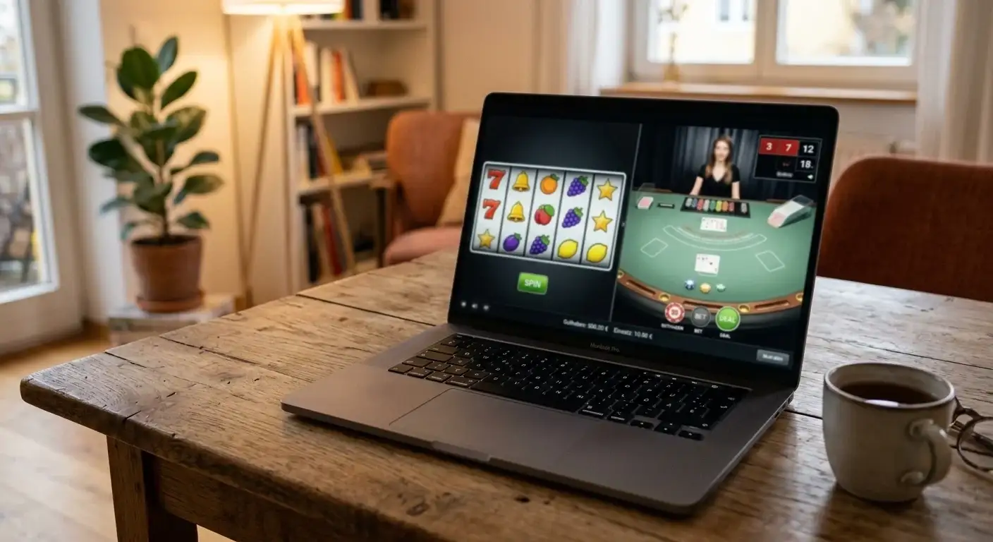 Laptop zeigt allgemeine Walzen und einen Live-Tisch ohne erkennbare Marken