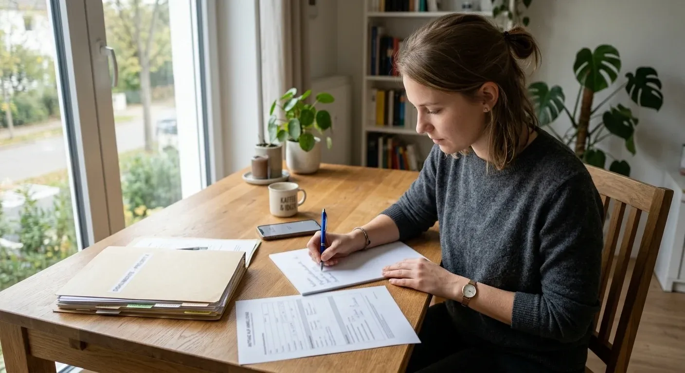 Person macht handschriftliche Notizen neben einem neutralen Formular und einer offenen Mappe