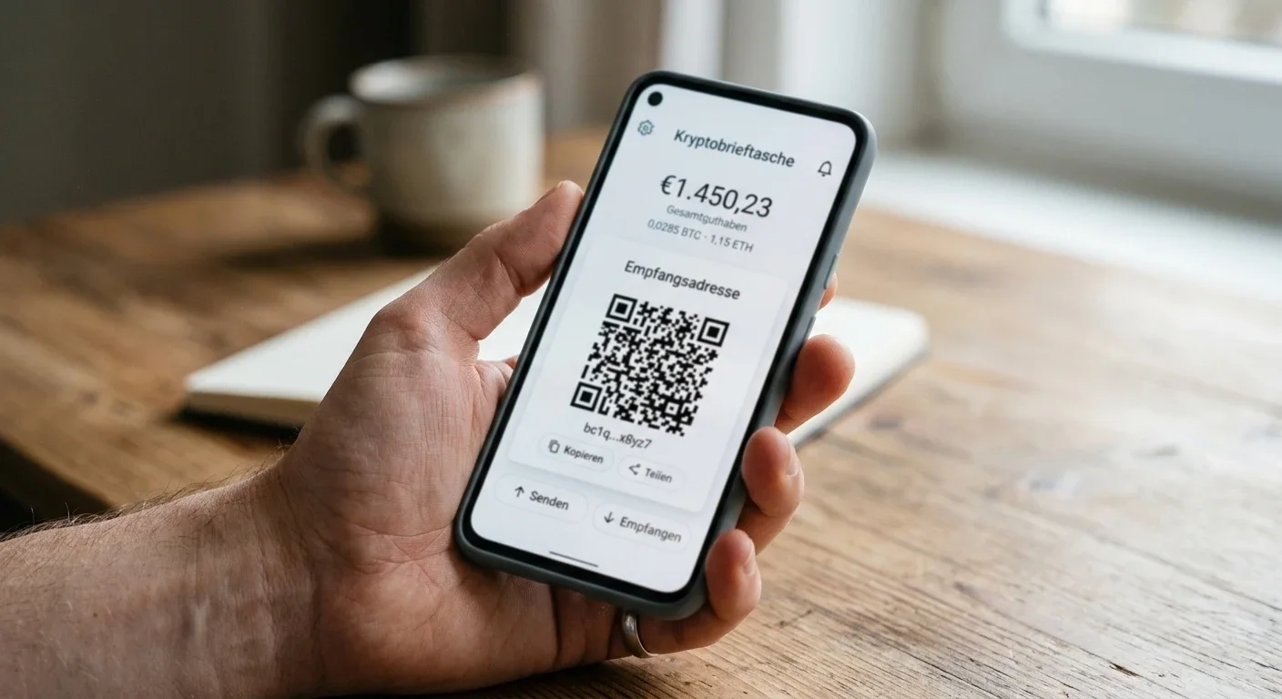 Hand mit Smartphone zeigt eine Krypto-Wallet mit QR-Code für die ADA-Einzahlung
