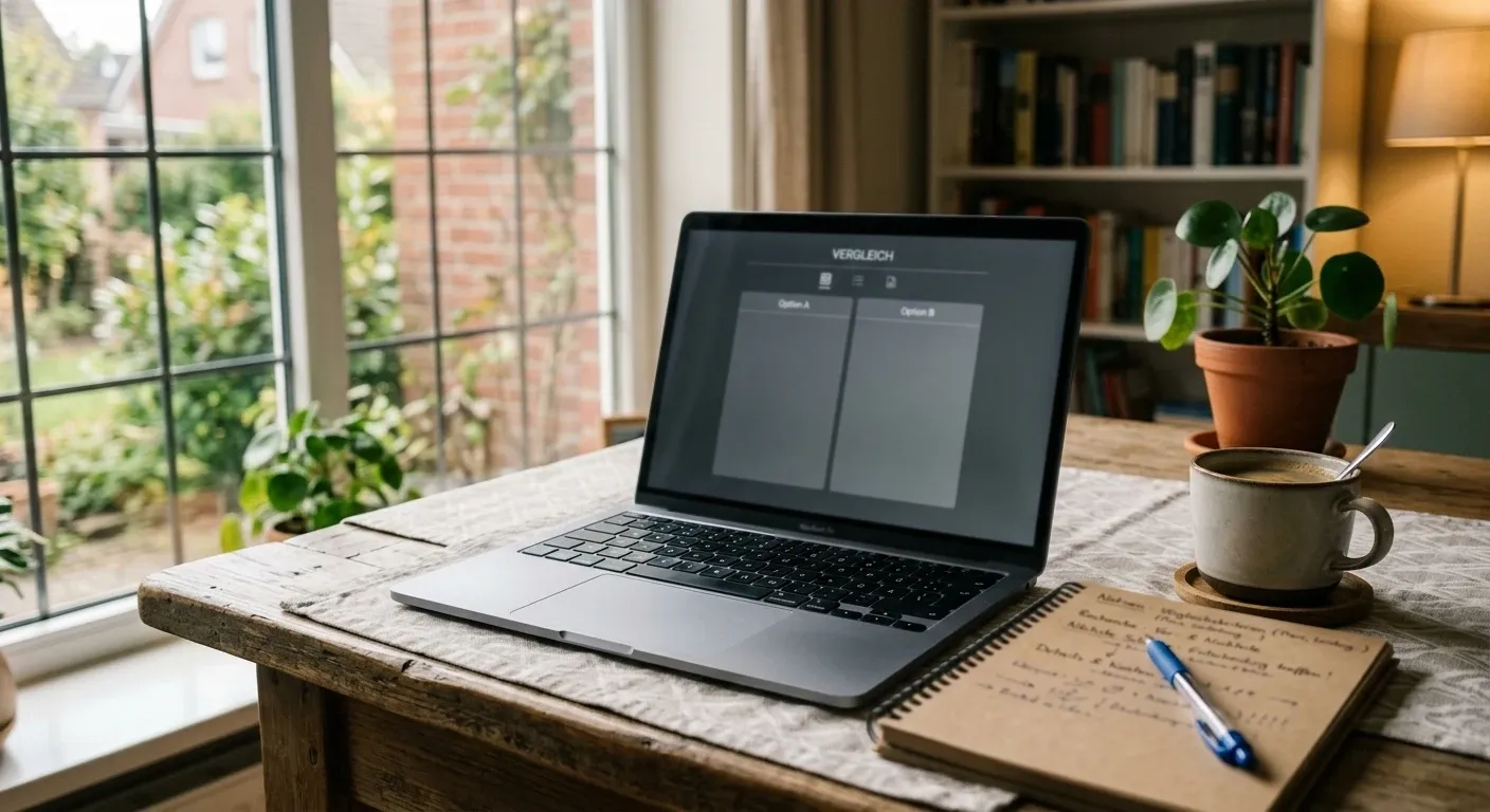 Schreibtisch mit Laptop und Notizzettel zum Vergleich mehrerer Anbieter