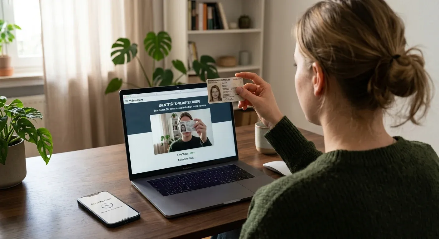 Anmelde-Szene: Person hält einen Ausweis vor eine Laptop-Webcam, daneben ein Smartphone mit einem neutralen Verifizierungs-Screen, Morgenlicht