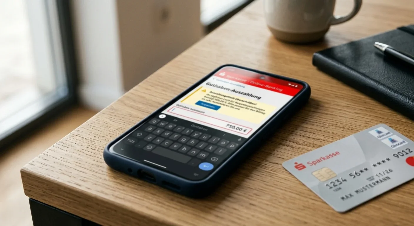 Bankkarte und Smartphone mit Casino-Auszahlungsbildschirm zeigen Auszahlungslimit