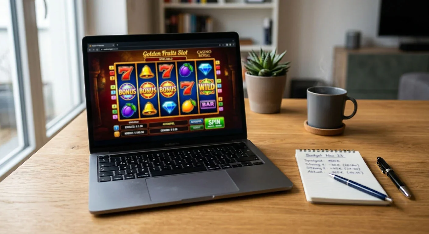 Laptop mit Automatenspiel und Notizblock mit Budgetkalkulation