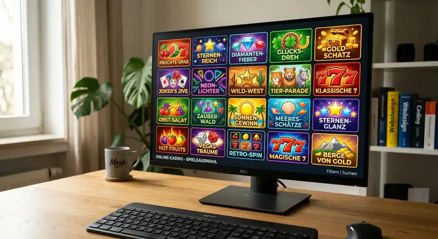 Slot-Automaten-Bildschirm mit verschiedenen Spielen und RTP-Anzeigen