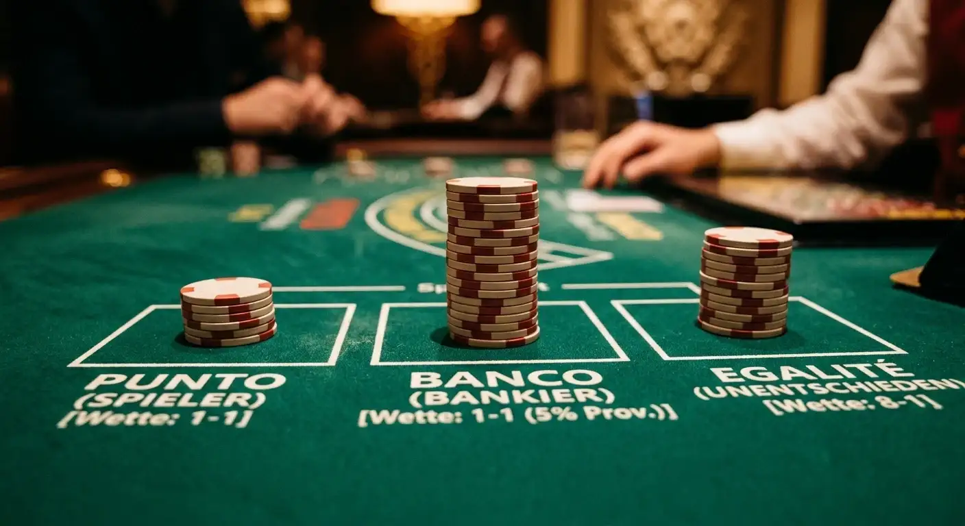 Drei Wettfelder eines Baccarat-Tisches mit Chips in unterschiedlicher Höhe