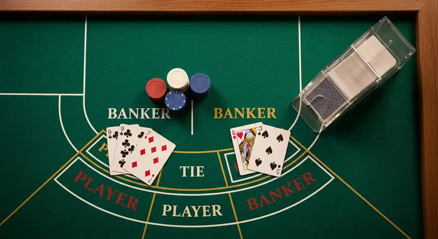 Karten und Chips auf dem Filz eines Live-Baccarat-Tisches im Studio