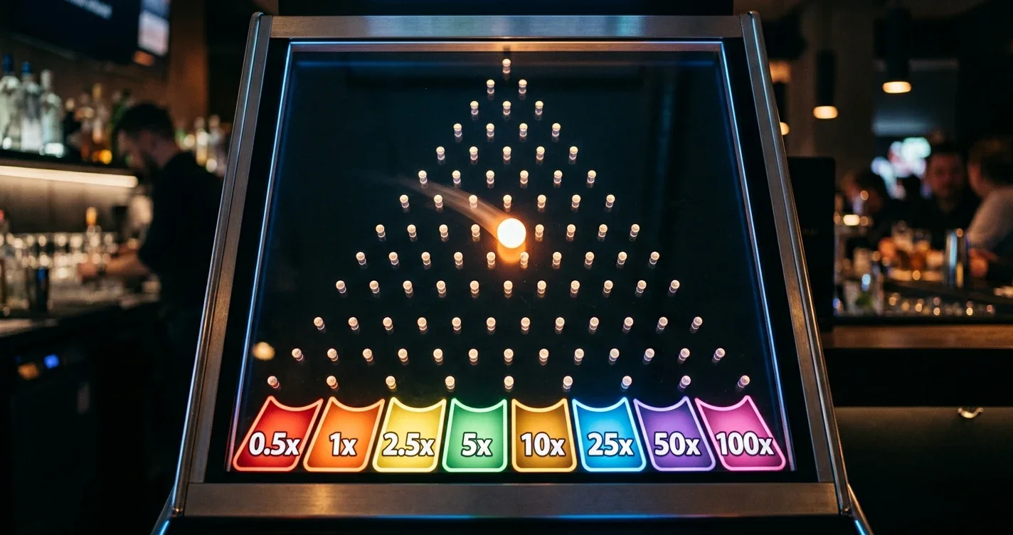 Plinko Kugelfallspiel mit Pin-Pyramide und Multiplikatorfächern im Online-Casino