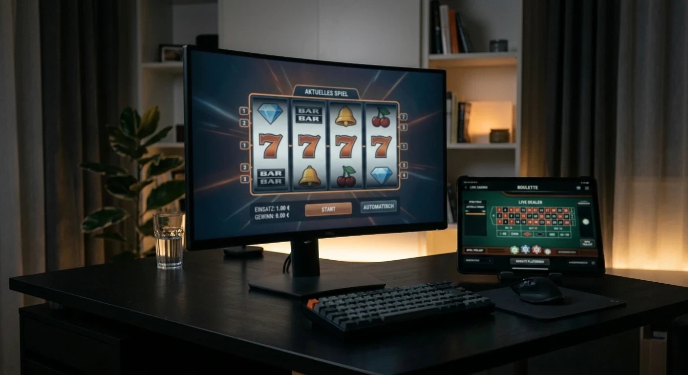 Bildschirm mit Spielautomaten und Live-Tisch-Symbolen im Krypto-Casino