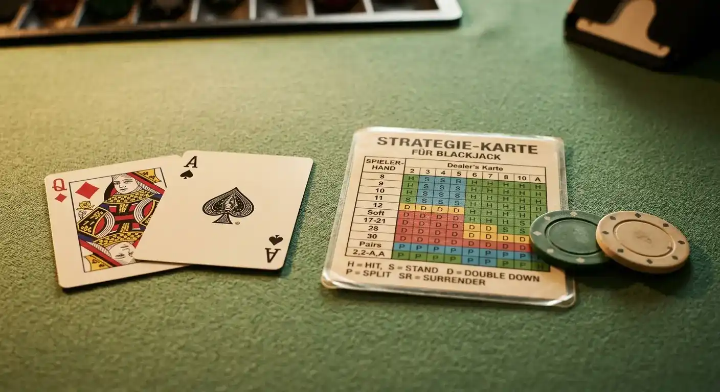 Blackjack-Karten neben einer Basisstrategie-Tabelle auf dem Spieltisch