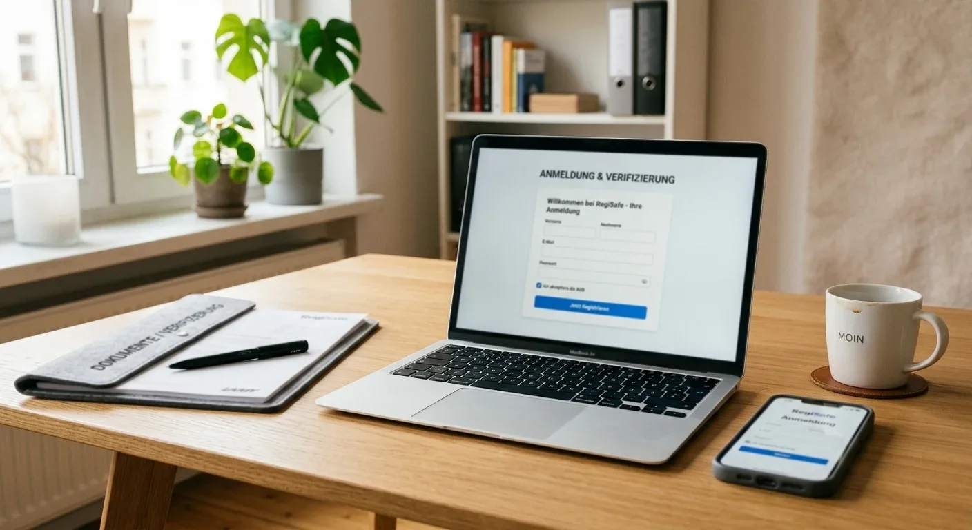 Smartphone und Laptop zeigen Registrierungsvorgang mit Dokumenten