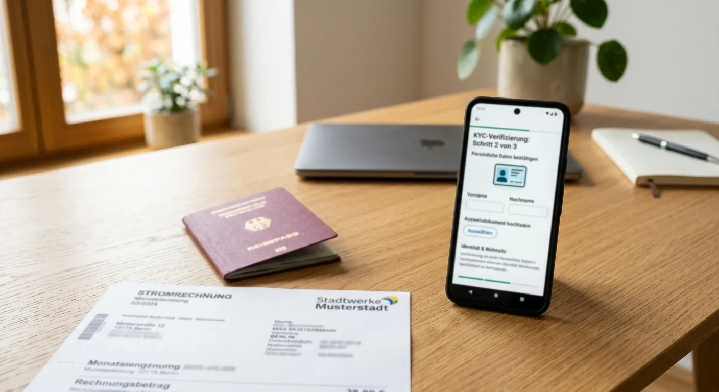 Smartphone mit Casino-Registrierungsformular und Dokumenten für KYC-Verifizierung auf Schreibtisch