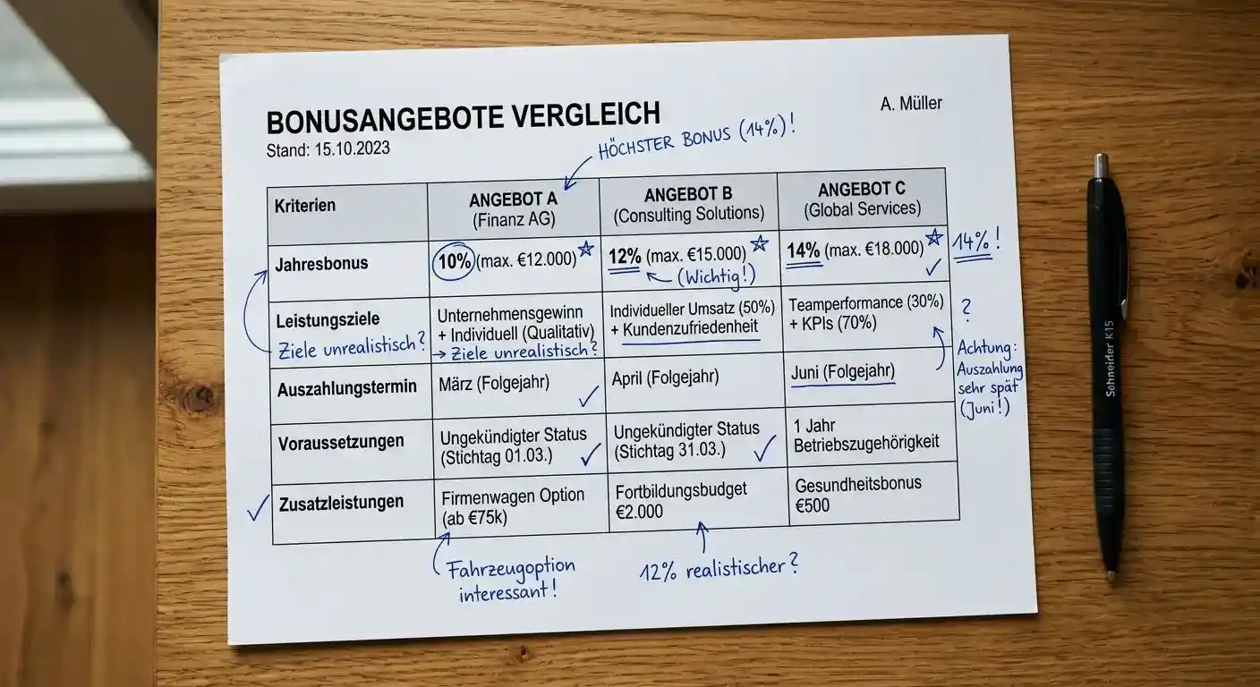 Vergleich verschiedener Bonusangebote auf Papier mit Notizen
