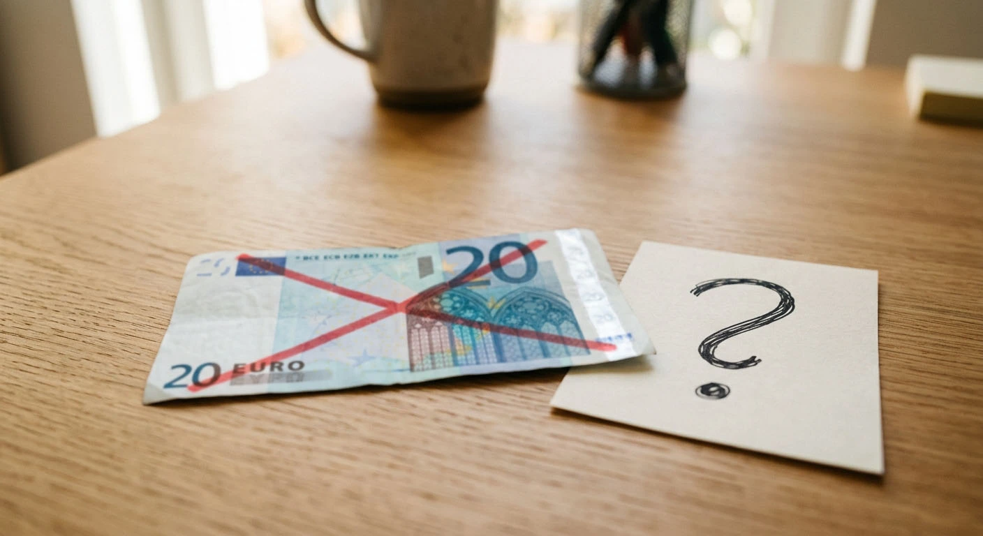 Durchgestrichene 20-Euro-Banknote mit Fragezeichen daneben
