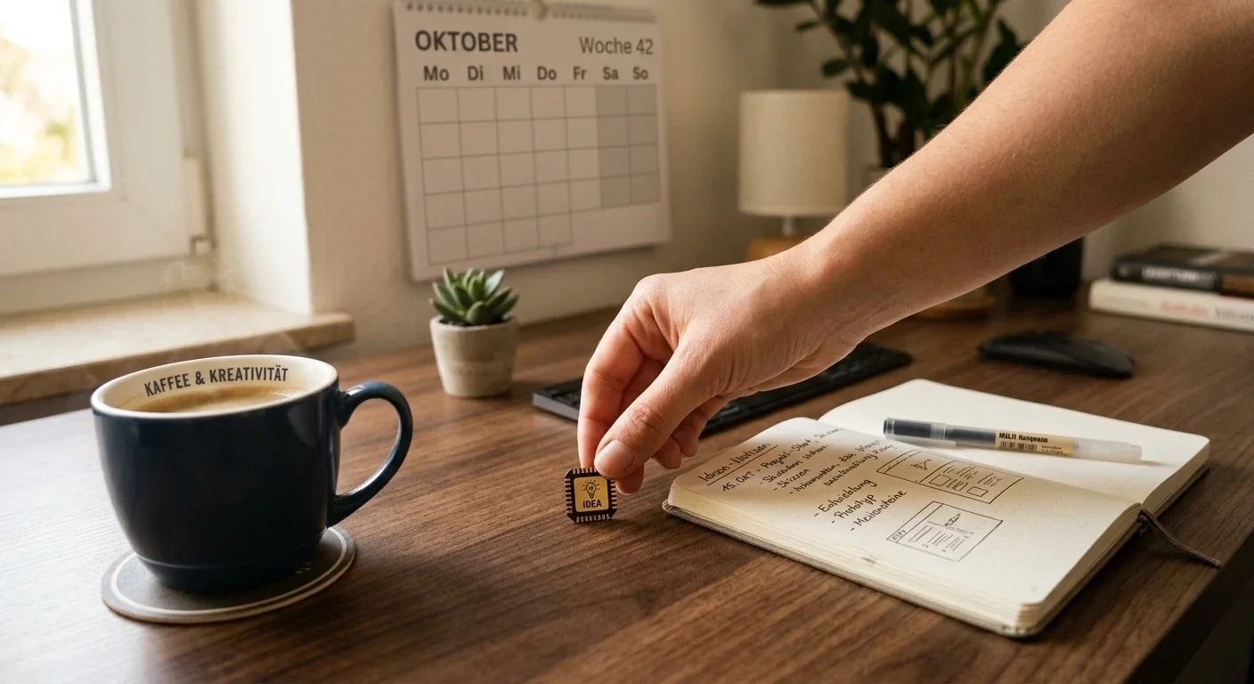 Symbolische Spielmarke neben Notizbuch und Tasse als Sinnbild für Bonus-Mechaniken