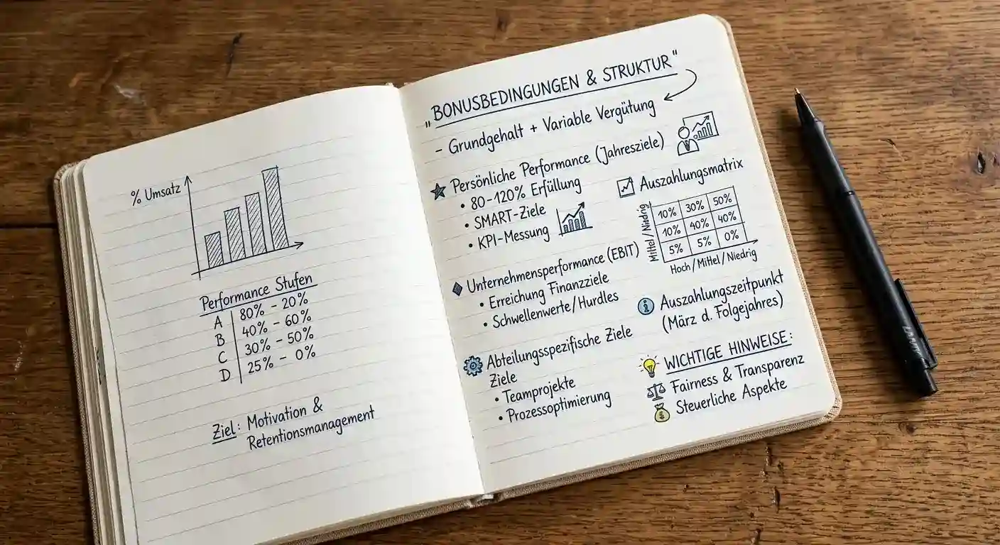 Notizbuch mit aufgelisteten Bonusbedingungen und kleinen Symbolen für Umsatz, Zeit und Maximalgewinn