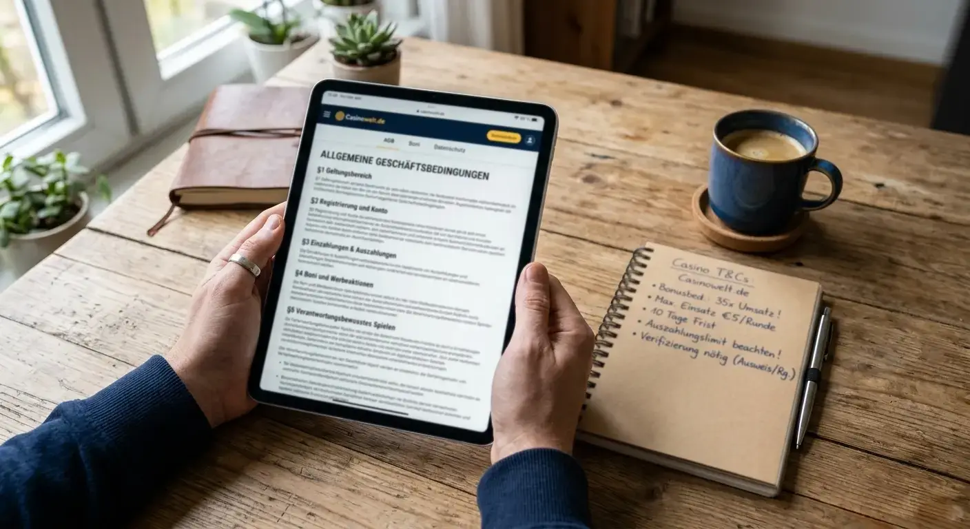Person liest Bonusbedingungen auf Tablet mit Notizen daneben