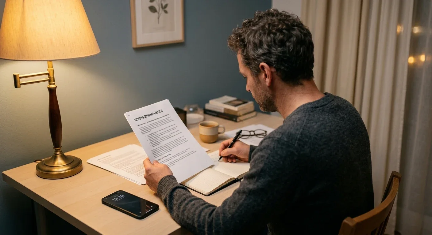 Erwachsener am Schreibtisch liest Bonusbedingungen im Ausdruck und macht Notizen