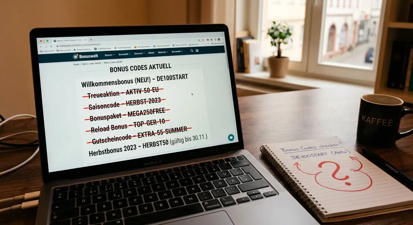 Laptop mit Code-Liste und durchgestrichenen Bonuscodes