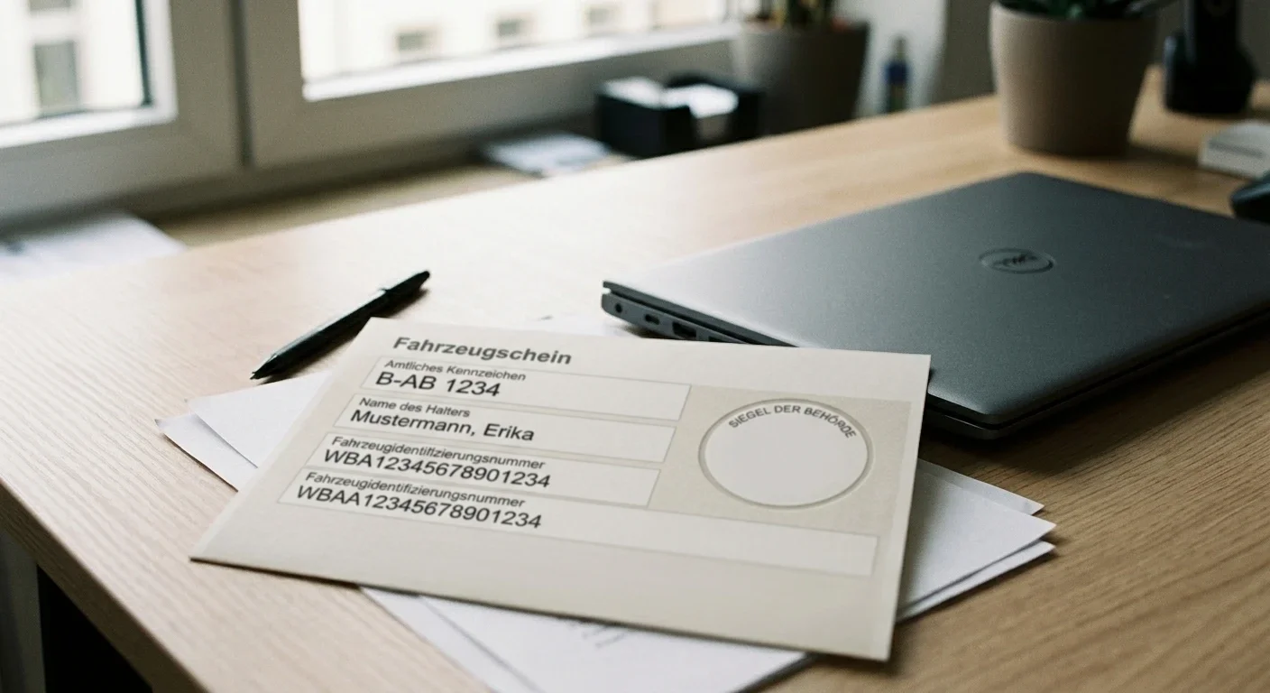 Neutrales Lizenzdokument ohne Wappen neben einem Laptop auf einem Schreibtisch