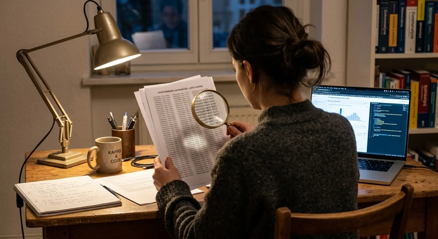 Person prüft mit einer Lupe eine lange Liste anonymer Transaktionseinträge am Laptop