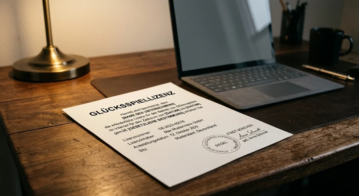 Neutrales Lizenzdokument einer ausländischen Glücksspielbehörde auf einem Schreibtisch