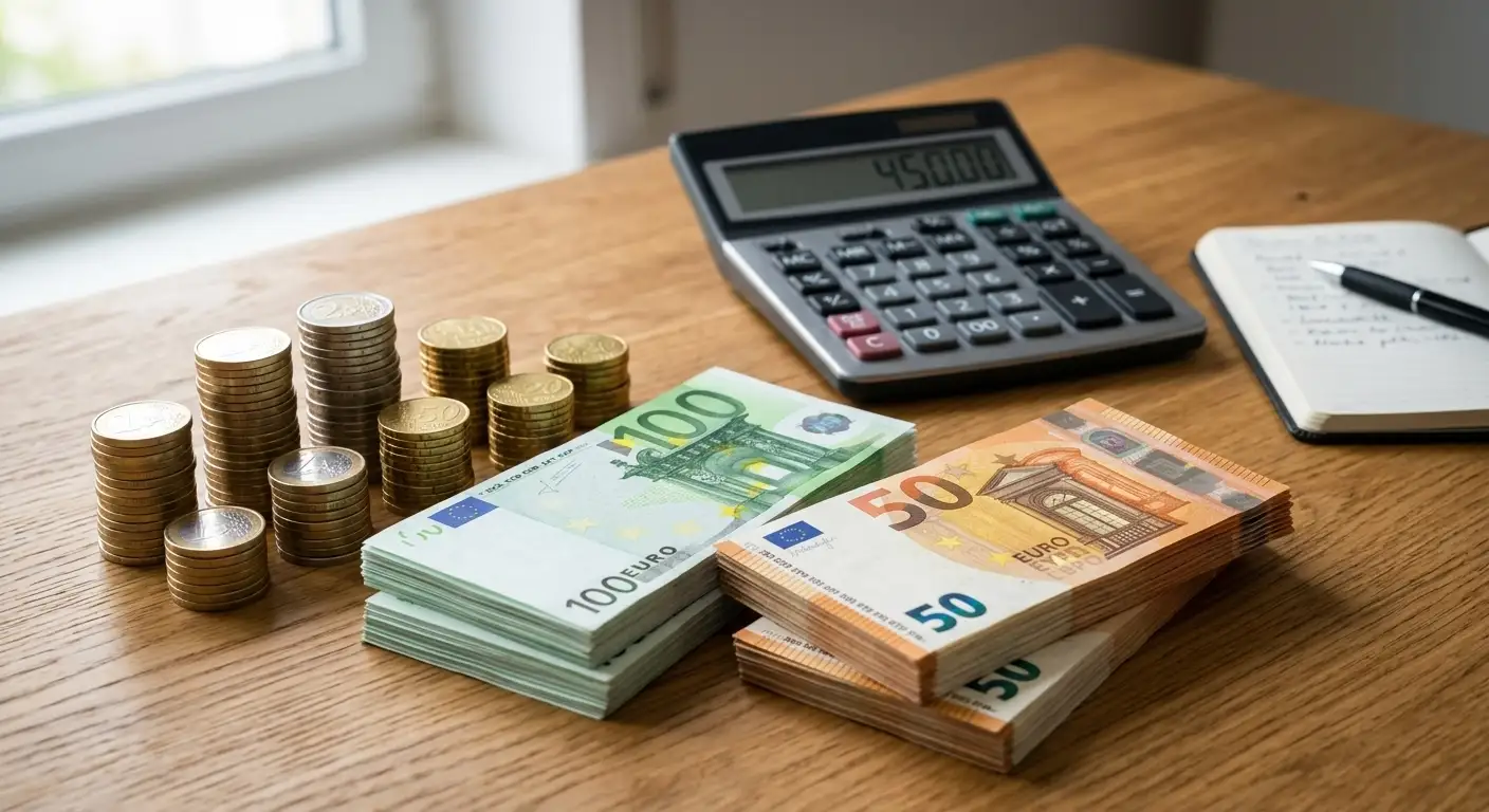 Gestapelte Münzen und Euro-Scheine mit Taschenrechner im Hintergrund