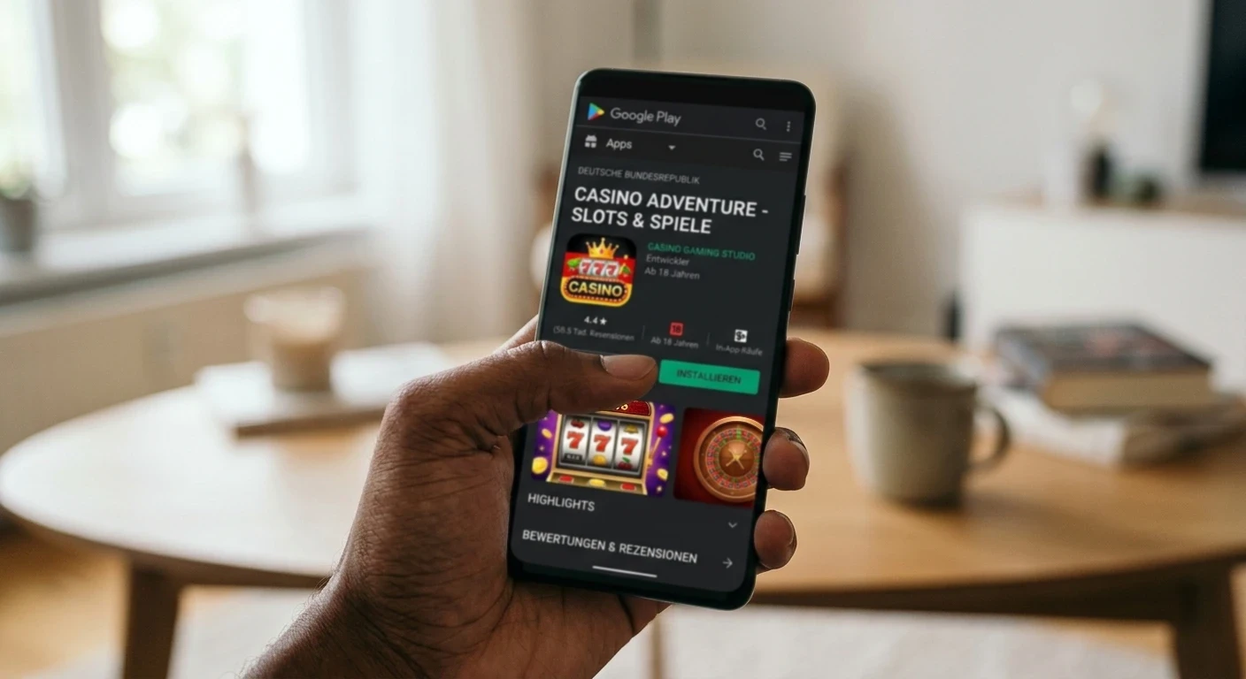 Android-Smartphone mit geöffnetem Google Play Store auf Casino-App-Seite