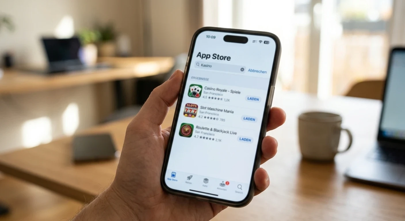 iPhone mit Apple App Store geöffnet, Suchleiste mit Casino-App-Begriff