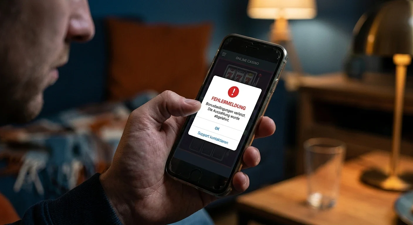 Hand hält Smartphone mit Fehlermeldung auf Casino-Bildschirm