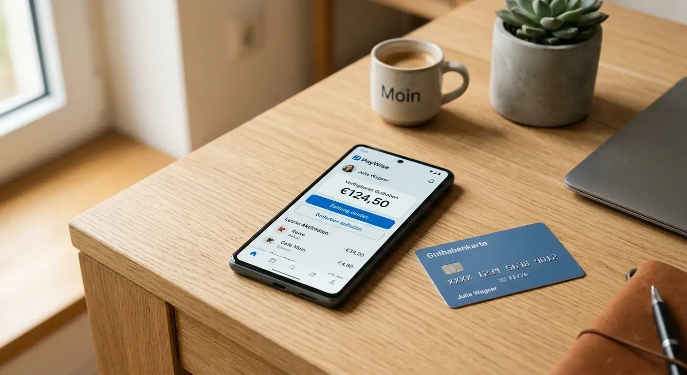 Smartphone mit neutraler Zahlungs-App neben einer Prepaid-Karte auf einem sauberen Schreibtisch
