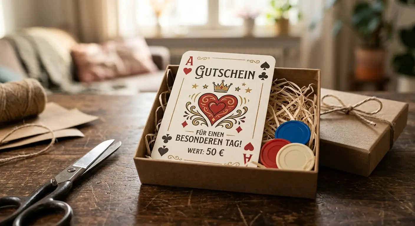 Selbst gestalteter Geschenkgutschein im Spielkartenlook mit ein paar Plastikchips als Verpackung