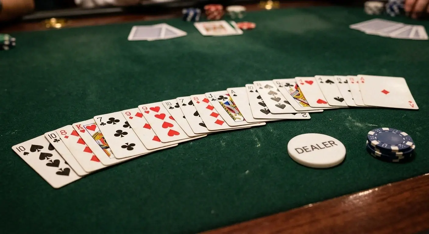 Aufgefächerte Spielkarten auf einem Tisch als Sinnbild für Casino-Poker gegen die Bank