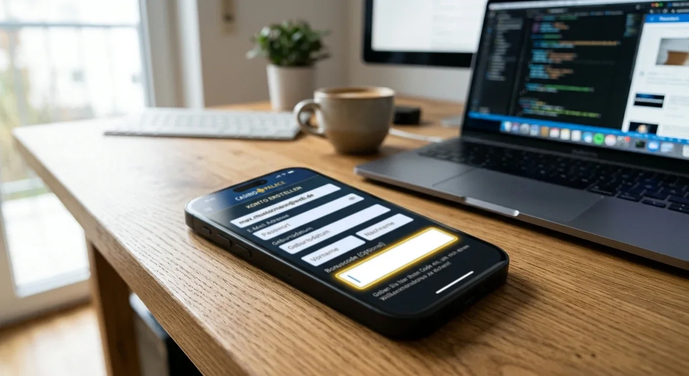 Smartphone zeigt Casino-Registrierungsformular mit Bonuscode-Feld