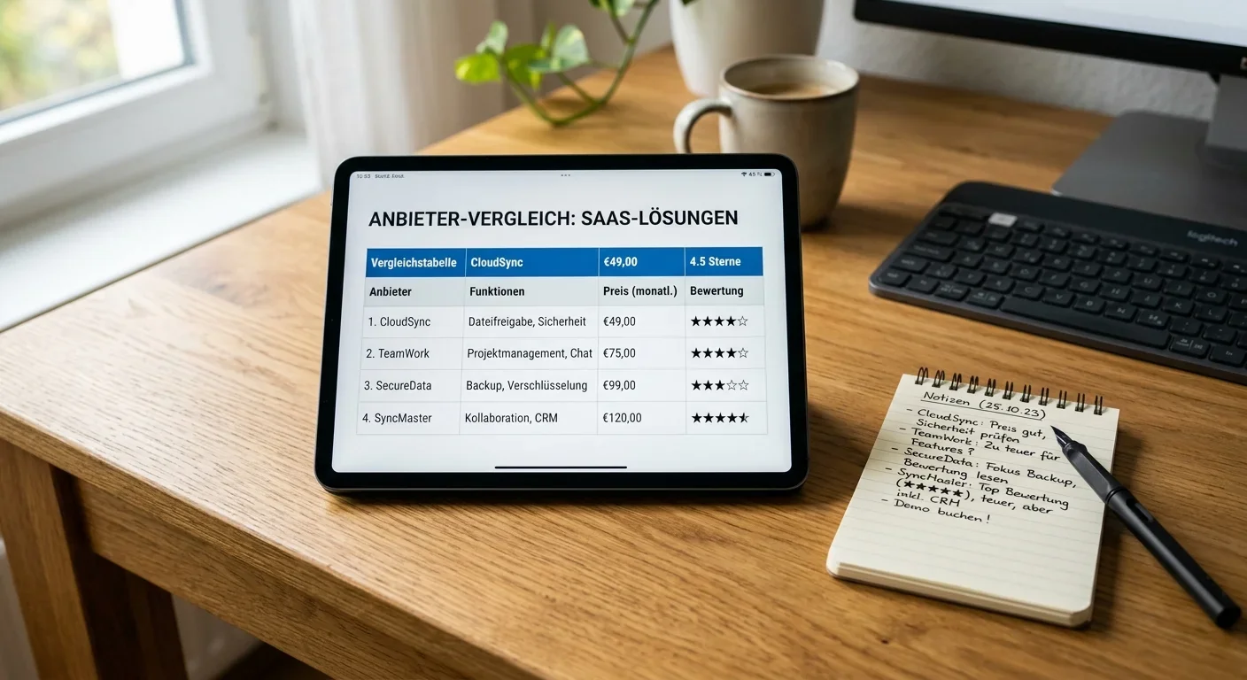 Vergleichstabelle auf Tablet mit Notizen und Stift daneben
