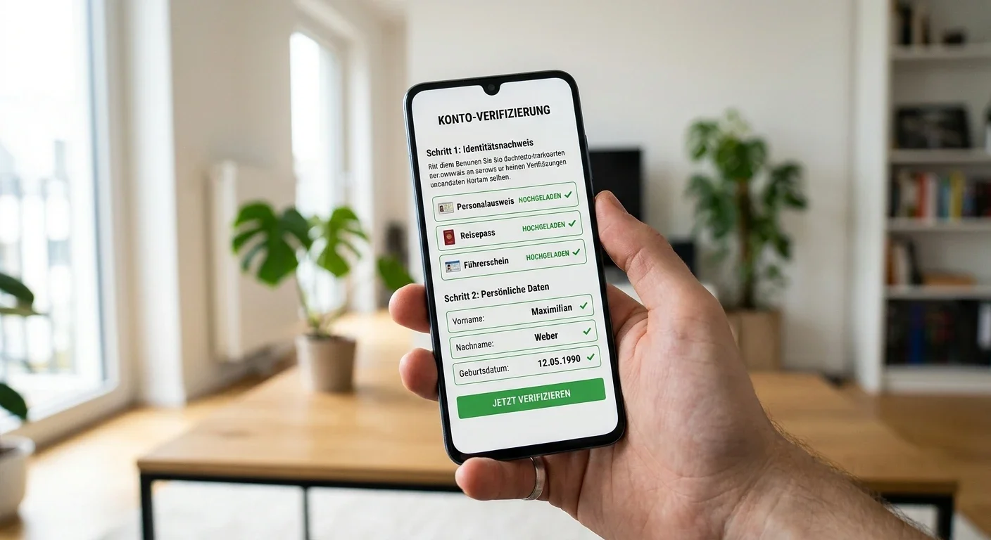 Smartphone mit geöffneter Casino-App und Verifizierungsformular