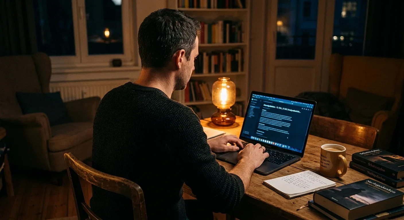 Person am Laptop wägt Anbieter ohne deutsche Lizenz im Abendlicht ab