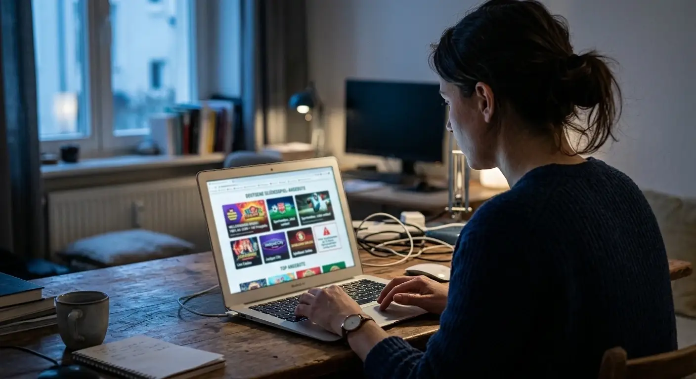 Person am Laptop prüft eine lange Liste von Casino-Angeboten mit Warnhinweisen
