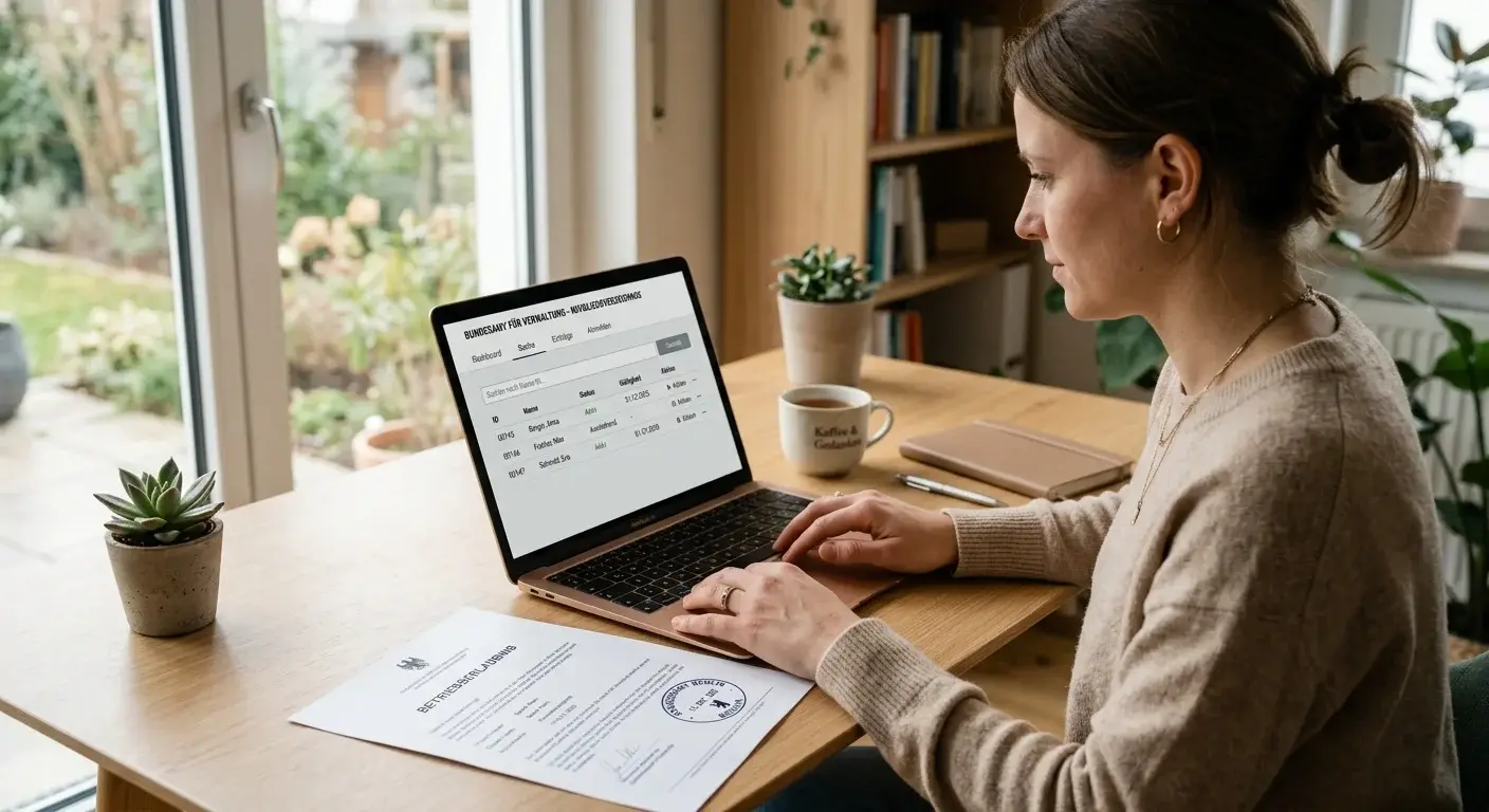 Person prüft am Laptop die Lizenznummer eines Online-Casinos im amtlichen Register