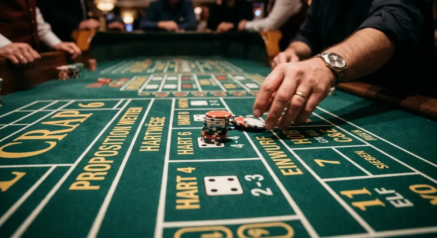 Spielchips auf den Proposition-Feldern in der Mitte eines Craps-Tisches
