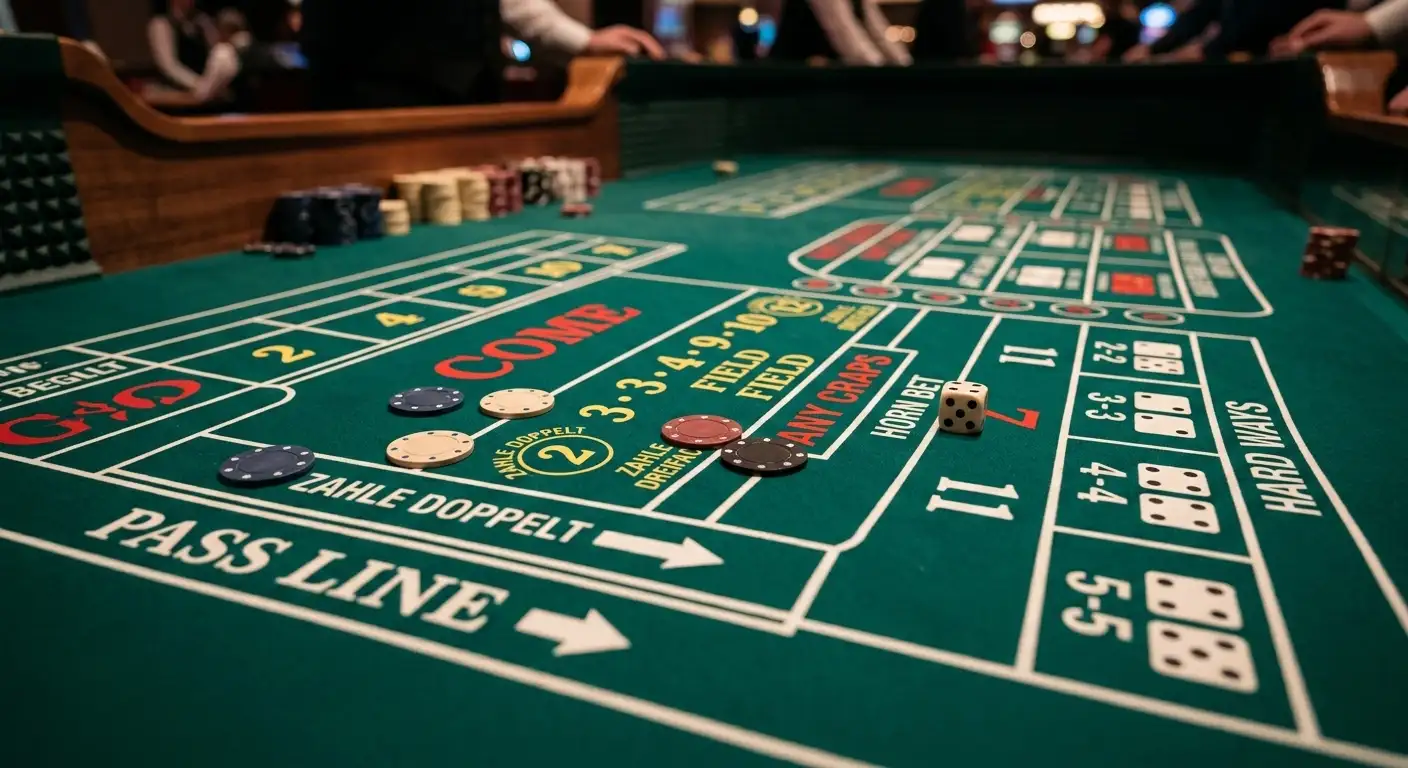 Nahaufnahme eines Craps-Tisch-Layouts mit den verschiedenen Wettfeldern