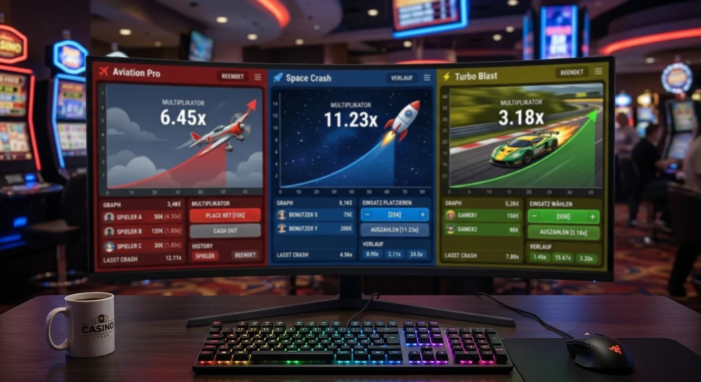 Vergleich verschiedener Crash-Casino-Spiele auf einem Bildschirm